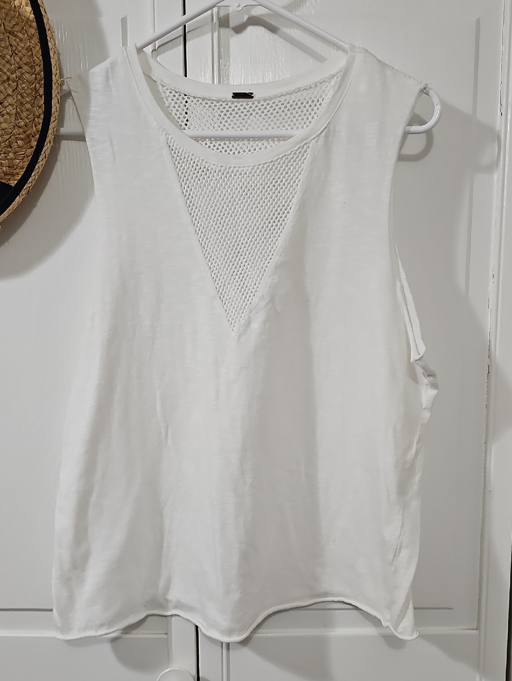 Poof! White Sleeveless Tank with Mesh V Inset